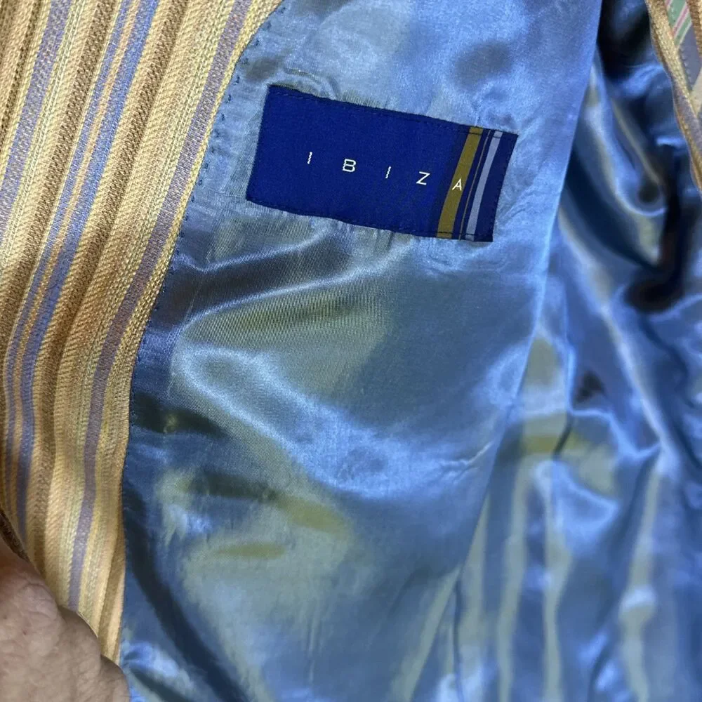 Ibiza 44R Linen And Wool Sport Jacket Golden Striped Blue Samba Mediterranean